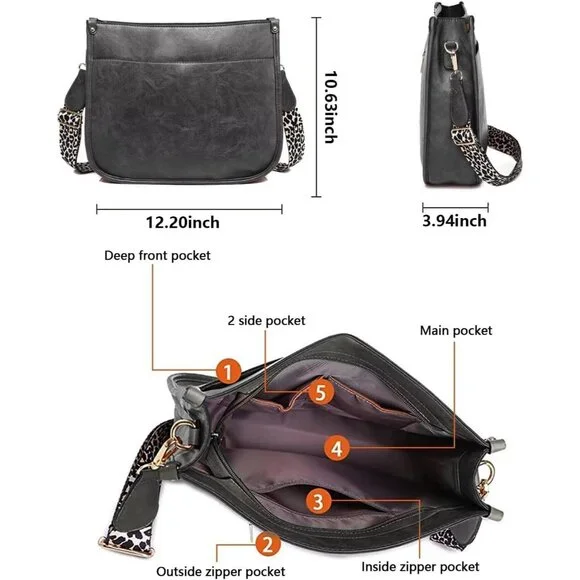 Women’s Grey Leather Purse Zipped Pockets Crossbody Bag and Shoulder Bag - Picture 3 of 6